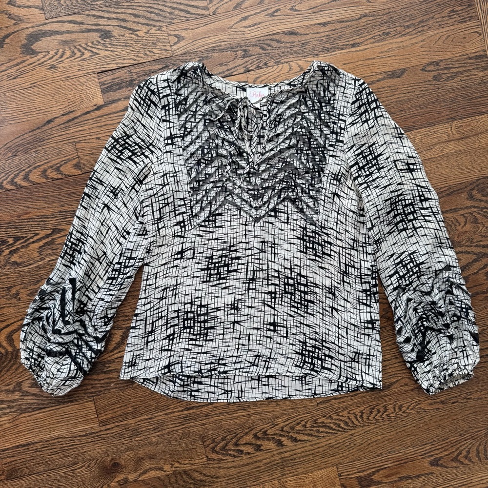 Parker 100% Silk Black & White Printed Peasant Blouse Balloon Sleeve XS